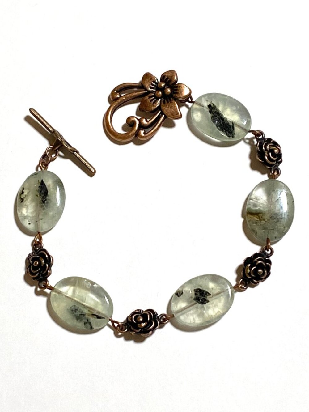 2/20, Natural Green Prehnite Bracelet, Genuine Gemstone & Copper Rose